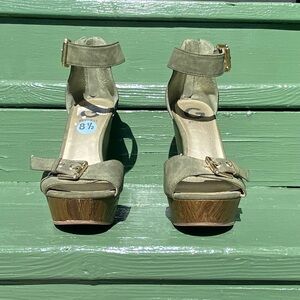 G by Guess woman suede olive green strapped wooden heel sandals. 8.5. Used.